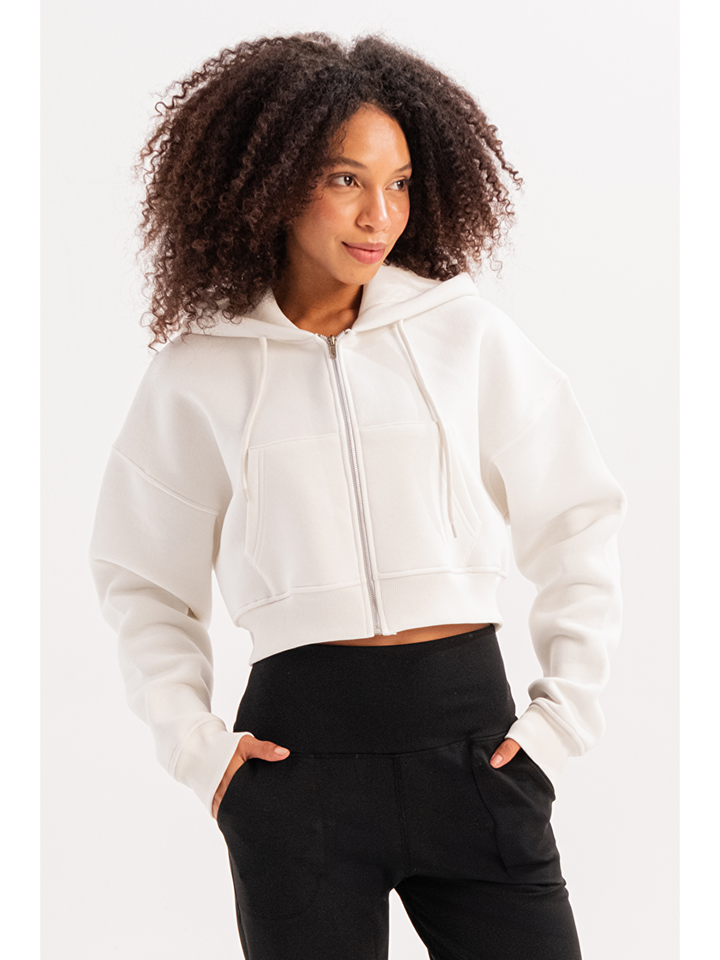 Crop Kapüşonlu Fermuarlı Kanguru Cepli Şardonlu Hoodie Kadın Sweatshirt Lumen Ekru-2