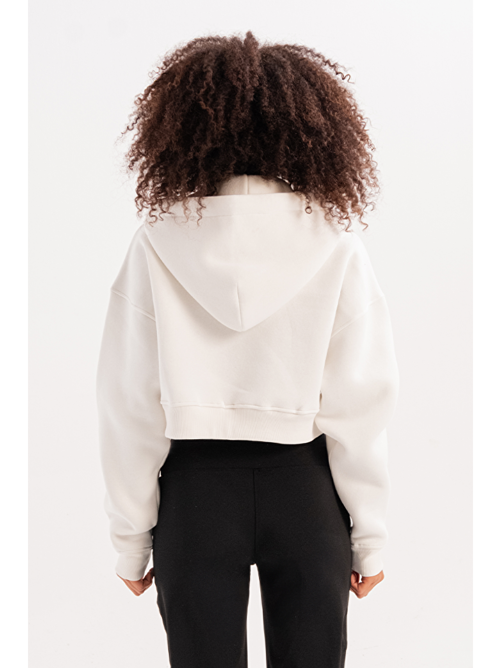 Crop Kapüşonlu Fermuarlı Kanguru Cepli Şardonlu Hoodie Kadın Sweatshirt Lumen Ekru-3