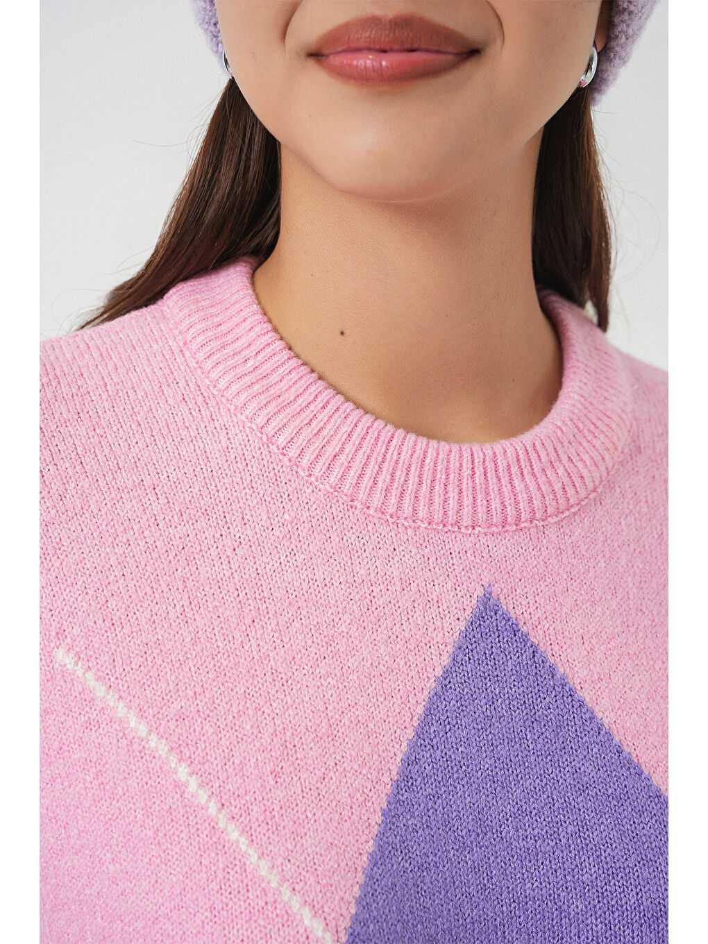 15895 Baklava Desenli Oversize Triko Kazak - Pembe-4