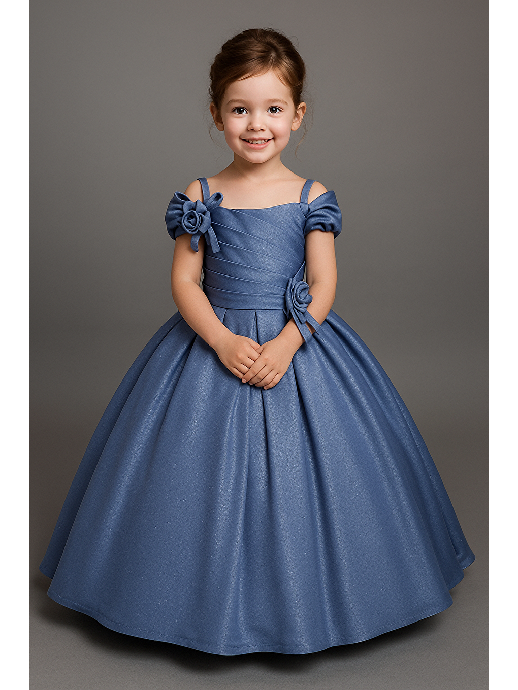 Kız Çocuk Tarlatanlı Mavi Abiye Elbise - Çiçek Aksesuarlı Simli Prenses Model-1