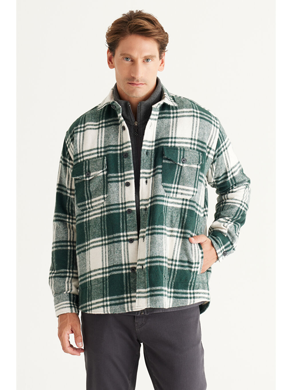 Erkek Haki-Ekru Oversize Fit Düğmeli Yaka Kareli Gömlek Ceket