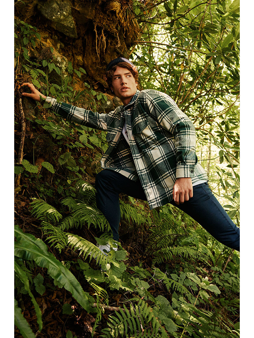 Erkek Haki-Ekru Oversize Fit Düğmeli Yaka Kareli Gömlek Ceket-1