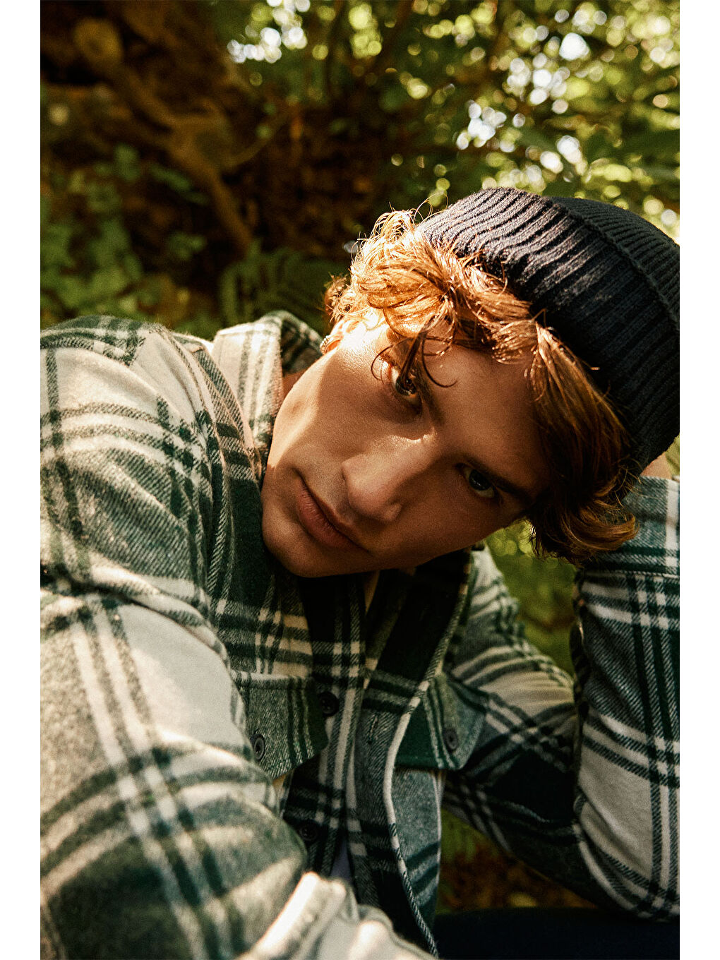 Erkek Haki-Ekru Oversize Fit Düğmeli Yaka Kareli Gömlek Ceket-2