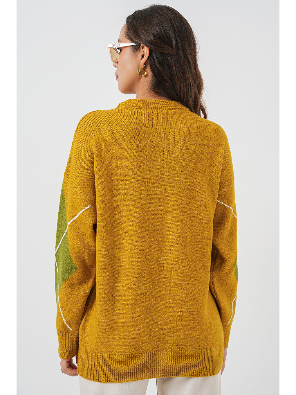 Sarı 15895 Baklava Desenli Oversize Triko Kazak - Hardal-5