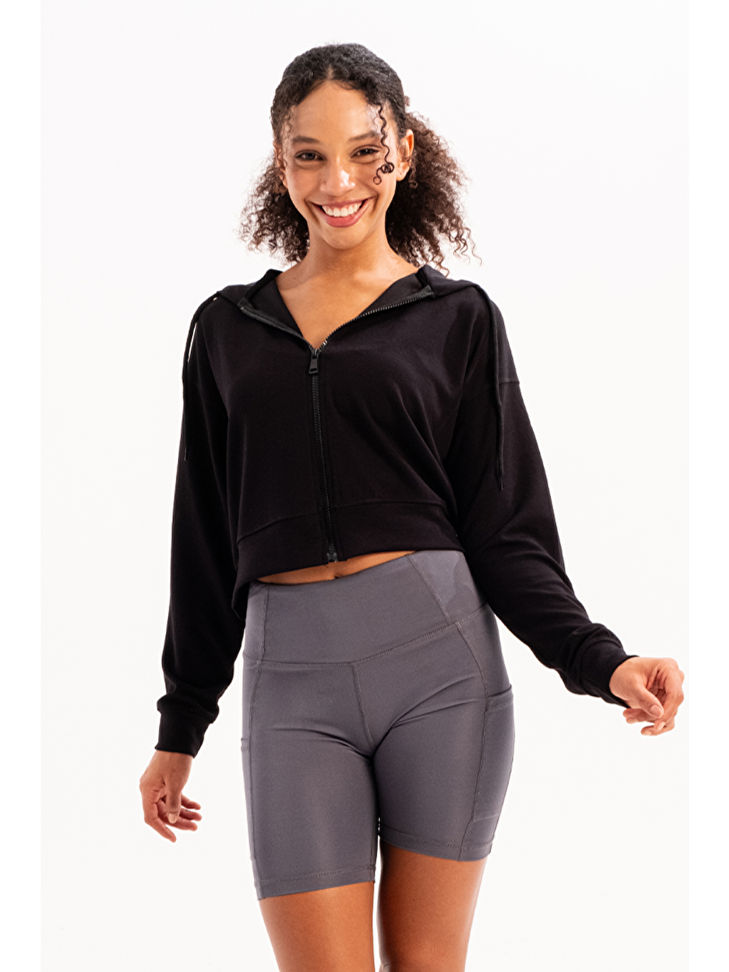 Crop Kapüşonlu Fermuarlı Kadın Sweatshirt Atria Siyah-1