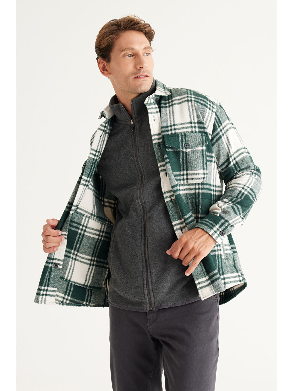 Erkek Haki-Ekru Oversize Fit Düğmeli Yaka Kareli Gömlek Ceket-3