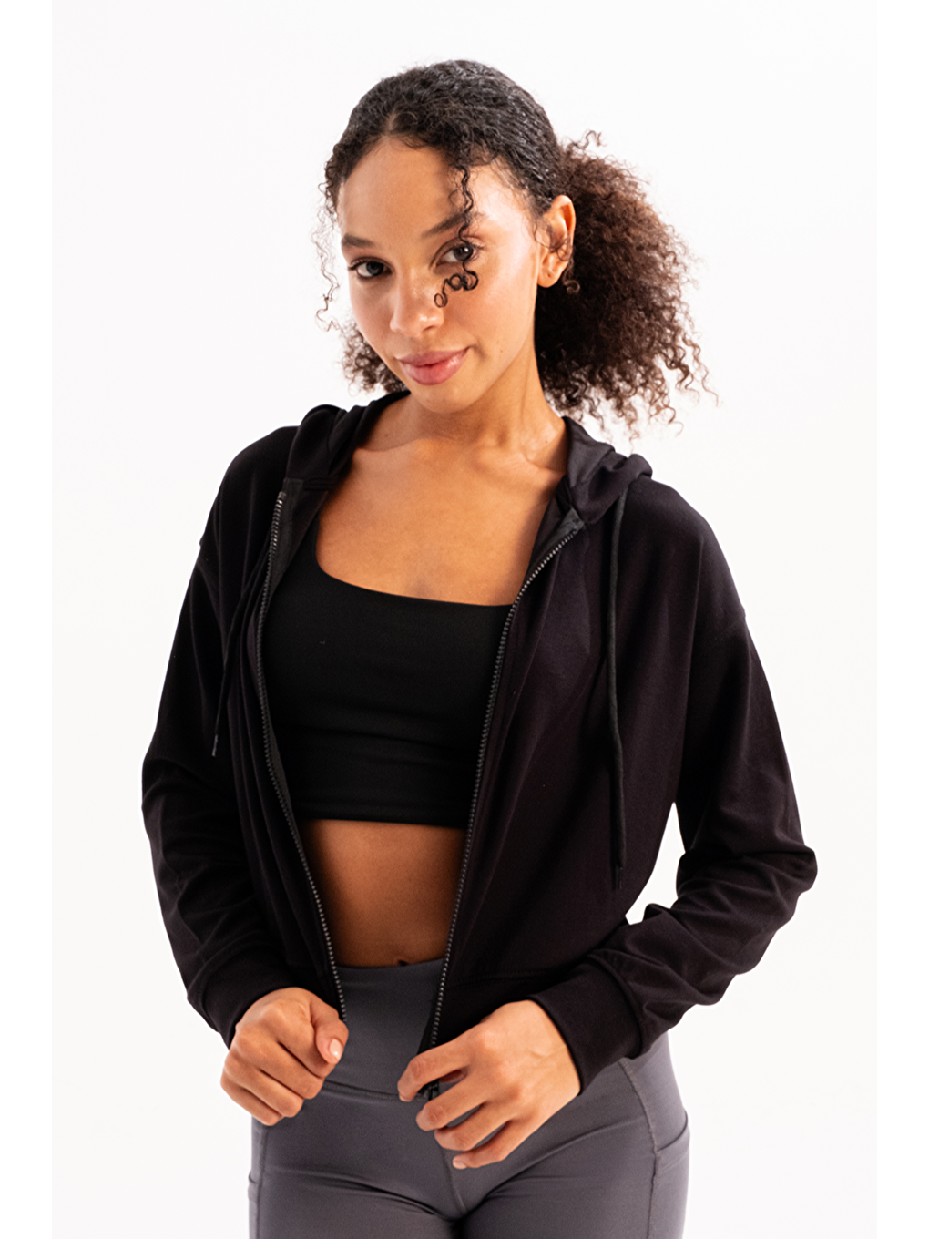 Crop Kapüşonlu Fermuarlı Kadın Sweatshirt Atria Siyah-2