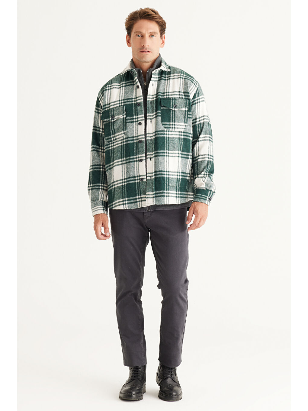 Erkek Haki-Ekru Oversize Fit Düğmeli Yaka Kareli Gömlek Ceket-4