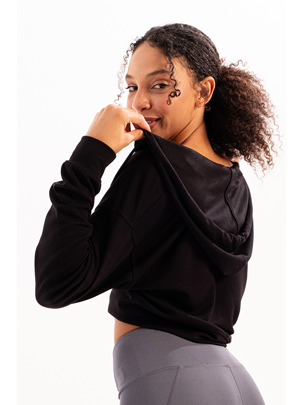 Crop Kapüşonlu Fermuarlı Kadın Sweatshirt Atria Siyah-3