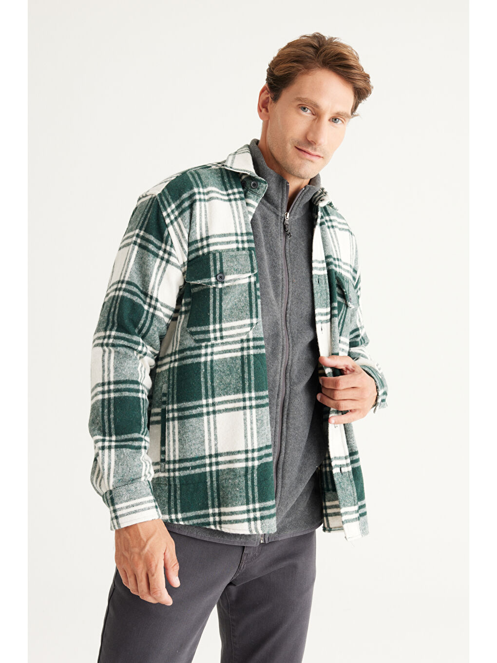 Erkek Haki-Ekru Oversize Fit Düğmeli Yaka Kareli Gömlek Ceket-5