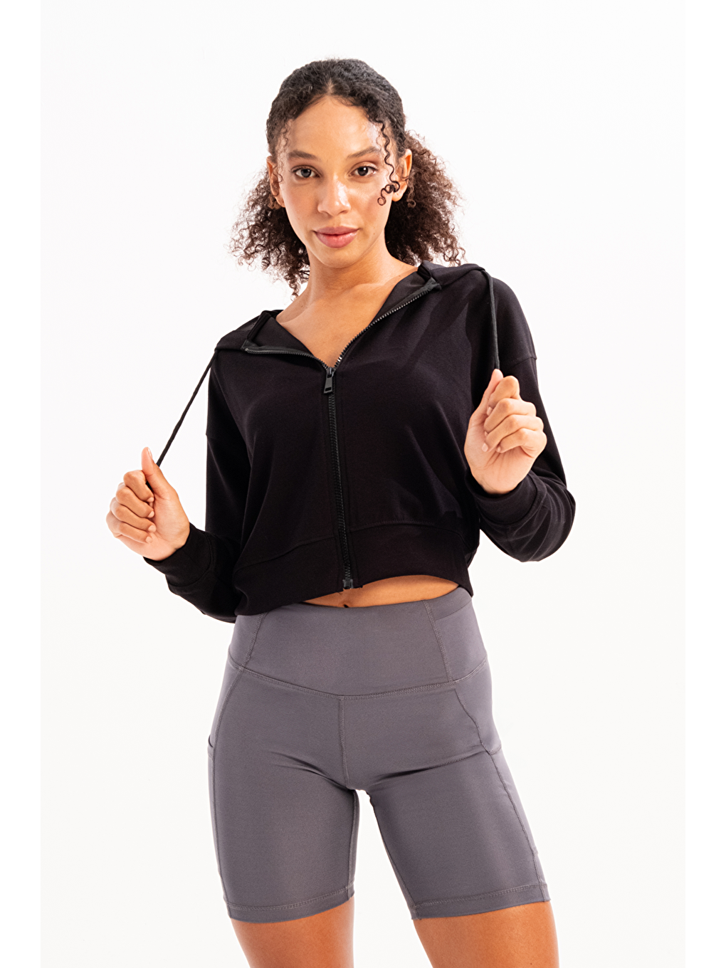 Crop Kapüşonlu Fermuarlı Kadın Sweatshirt Atria Siyah-5