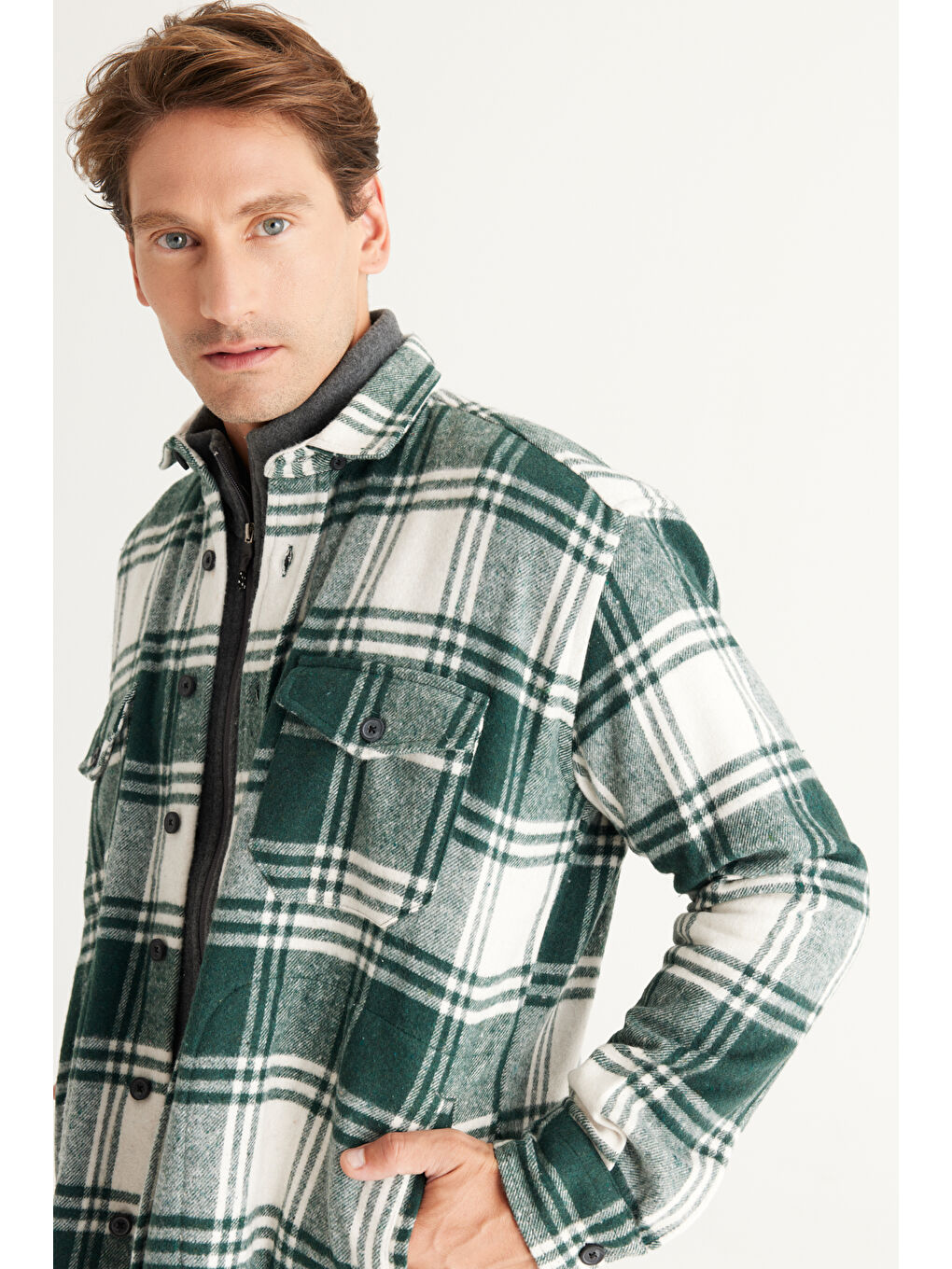 Erkek Haki-Ekru Oversize Fit Düğmeli Yaka Kareli Gömlek Ceket-6