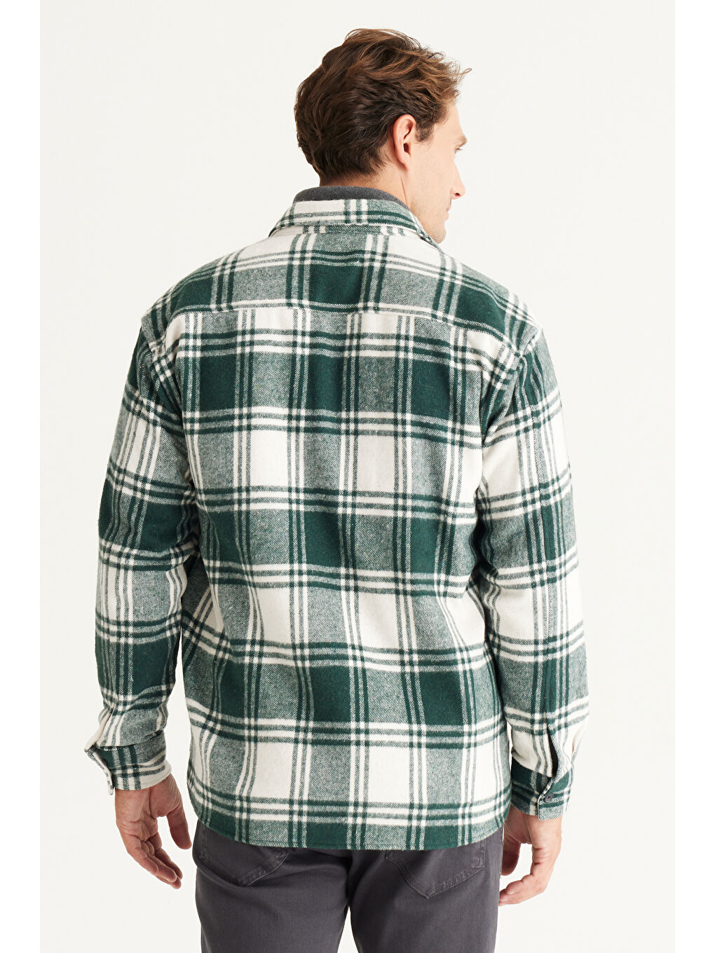 Erkek Haki-Ekru Oversize Fit Düğmeli Yaka Kareli Gömlek Ceket-7