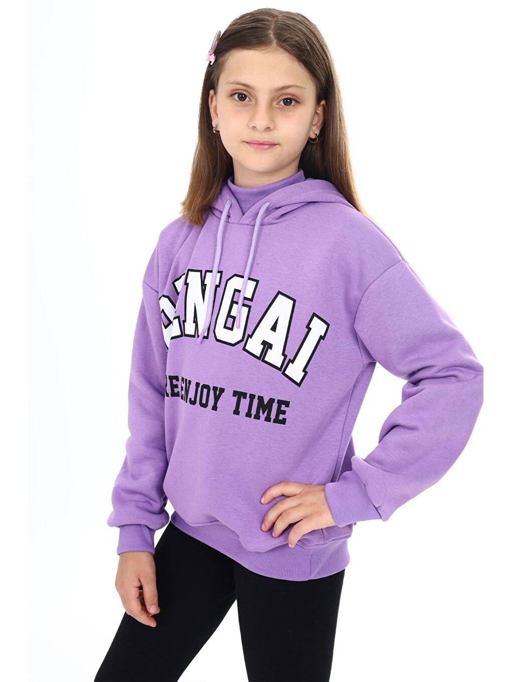 Pengai Mor Yazı Baskı Polarlı Kız Çocuk Sweatshirt 18327 - 1