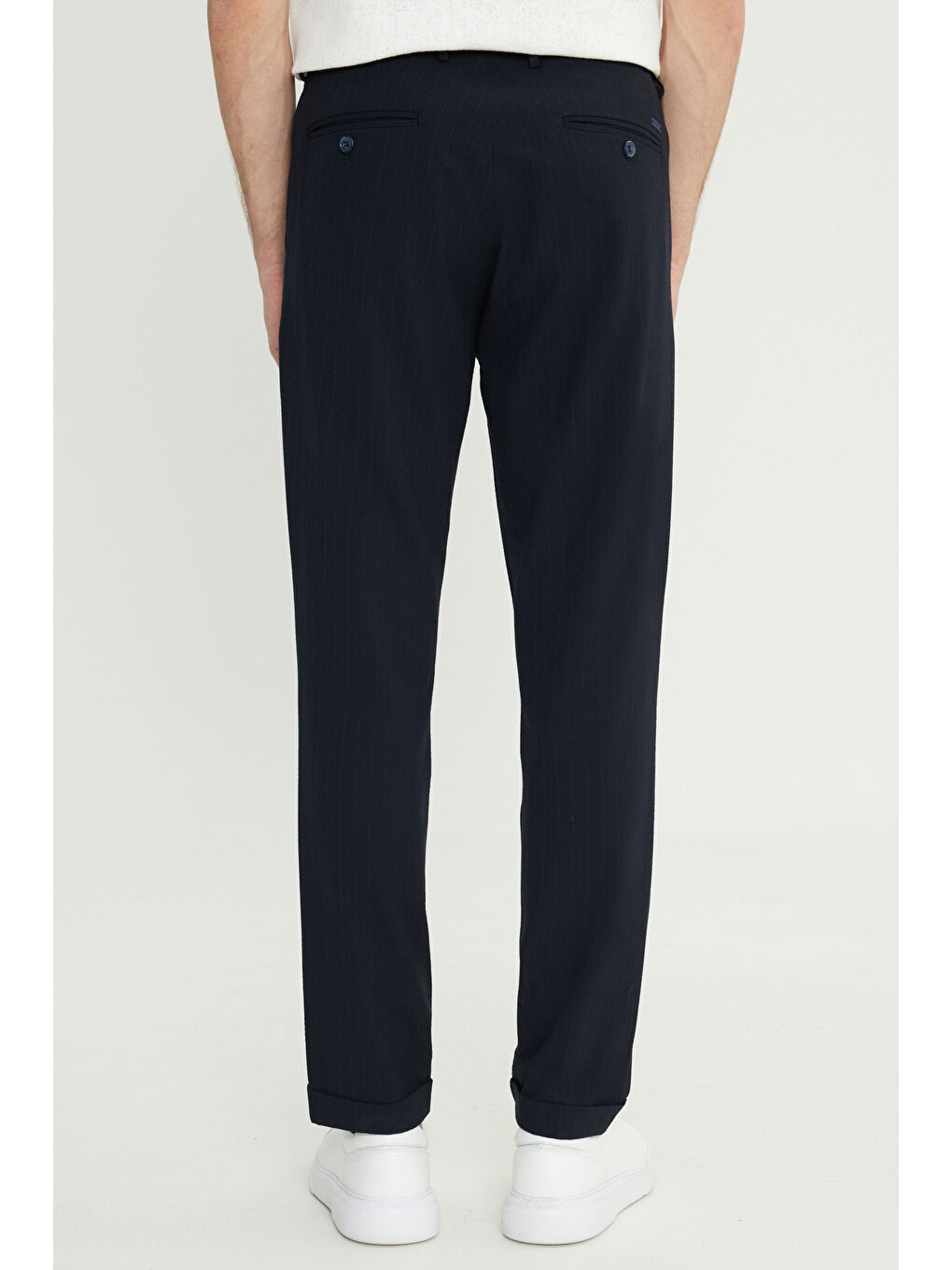 Erkek Lacivert Slim Fit Dar Kesim Beli Bağlamalı Yan Cepli Gofre Desenli Casual Pantolon-4