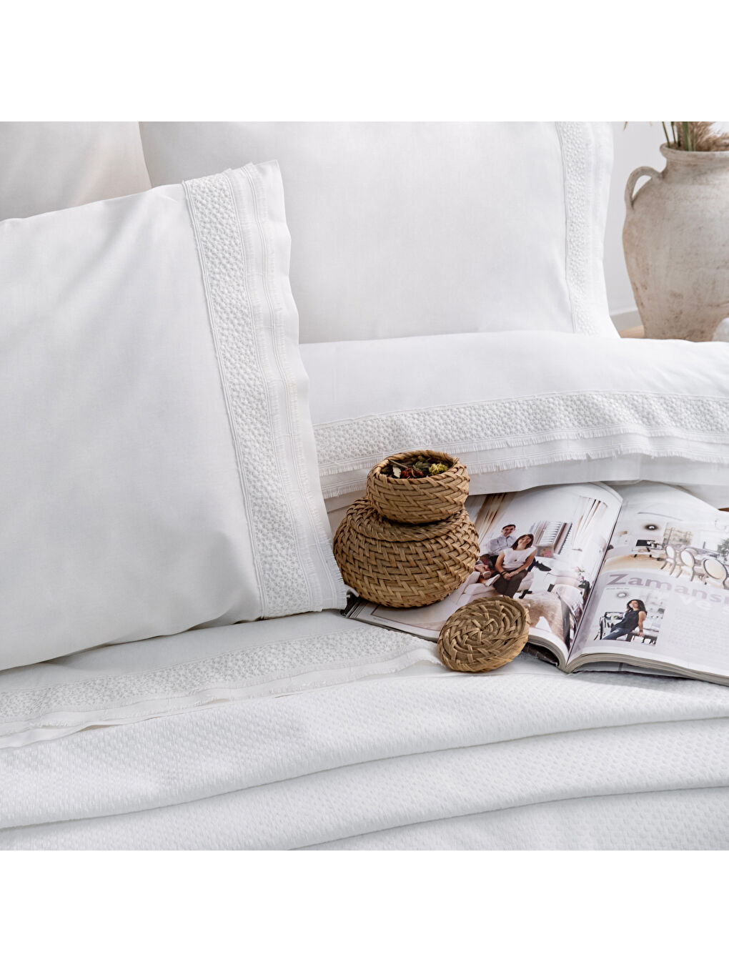 Home Laure Fırfırlı Çift Kişilik Yatak Örtüsü Seti 7 Parça-Beyaz-4