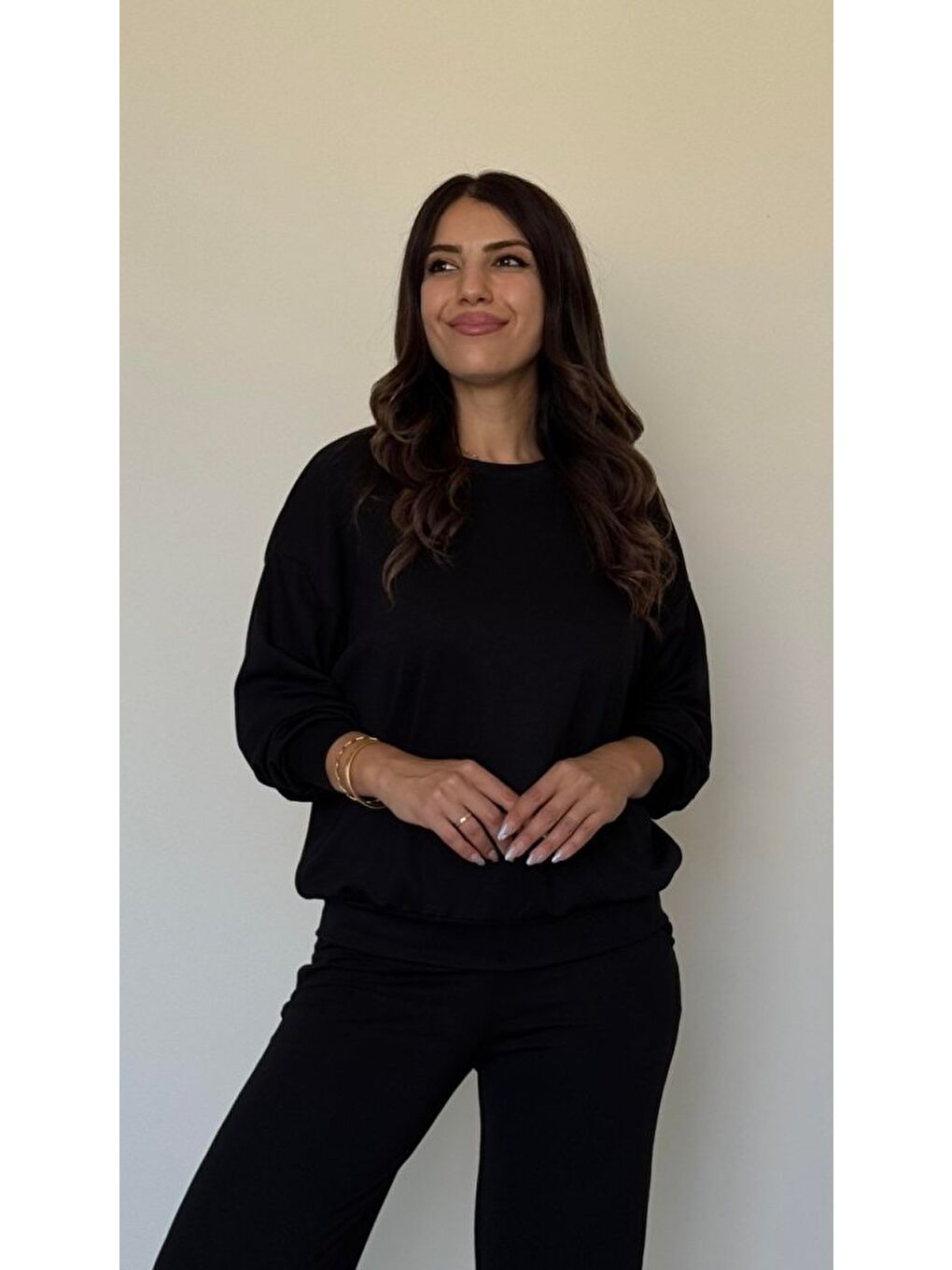 Siyah Kadın Uzun Kollu Bisiklet Yaka Viskon Iki Iplik Bluz Ve Pantolon Ikili Takım-1