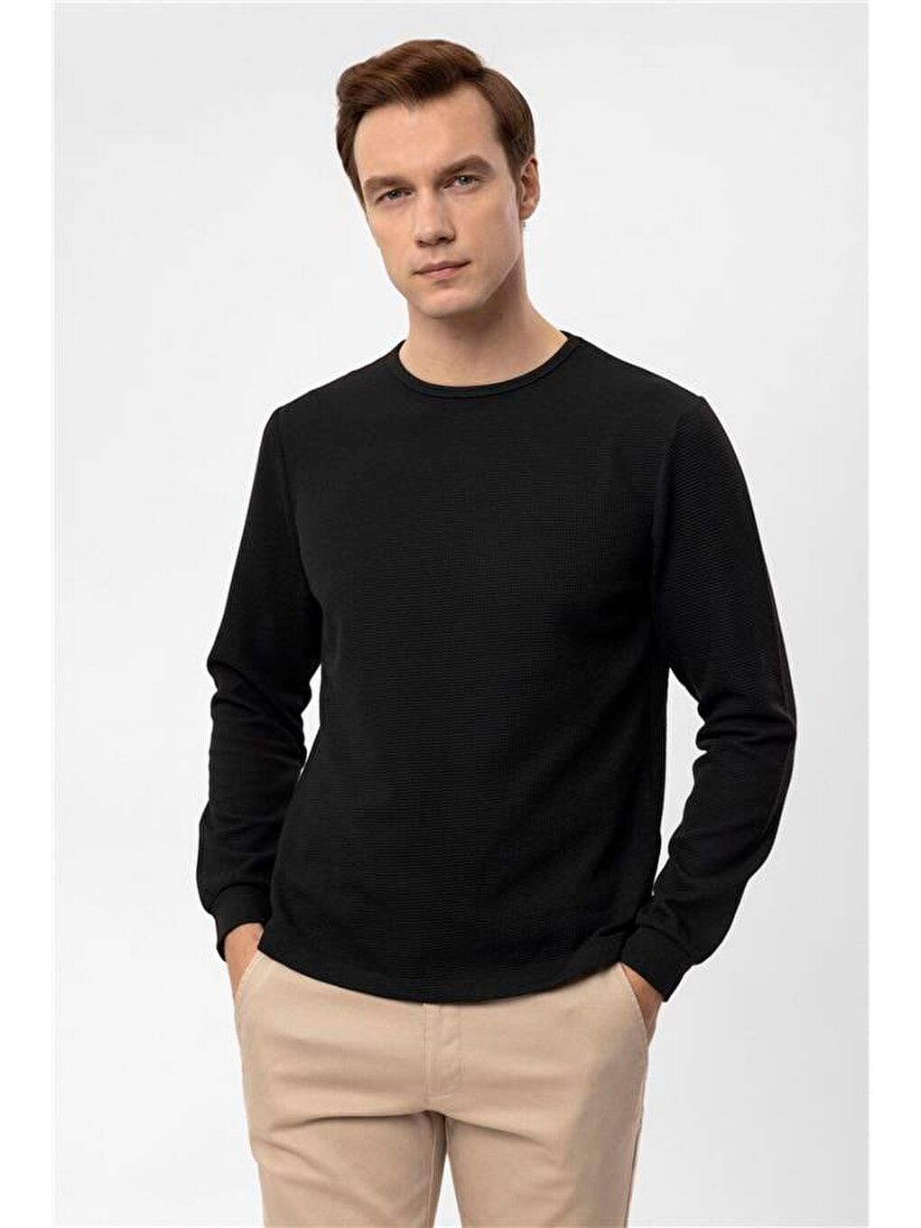 Siyah Slim Armürlü Bisiklet Yaka Sweatshirt
