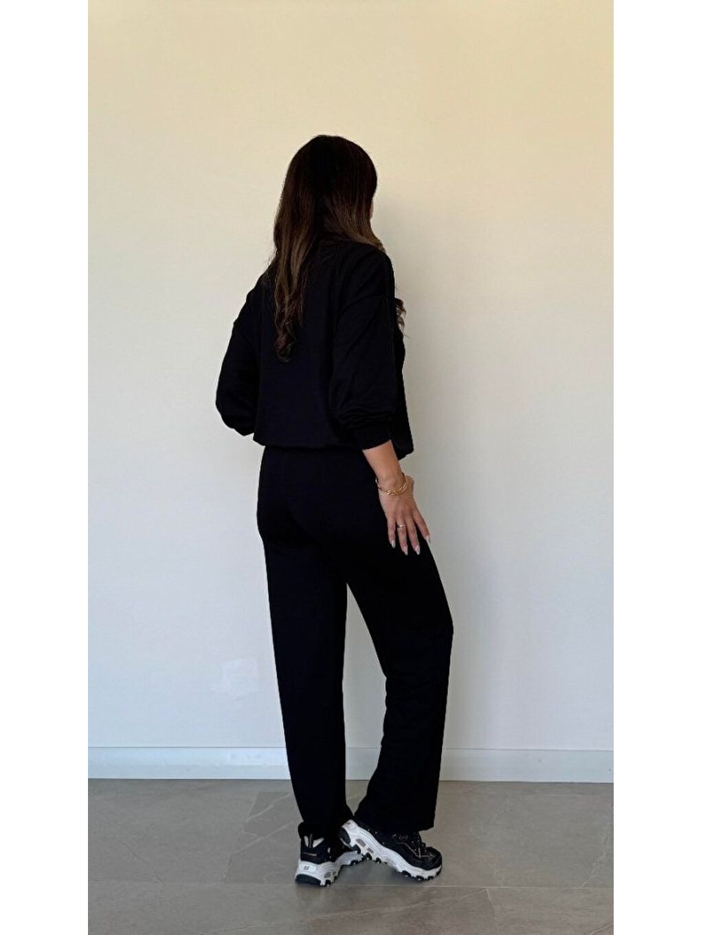 Siyah Kadın Uzun Kollu Bisiklet Yaka Viskon Iki Iplik Bluz Ve Pantolon Ikili Takım-2