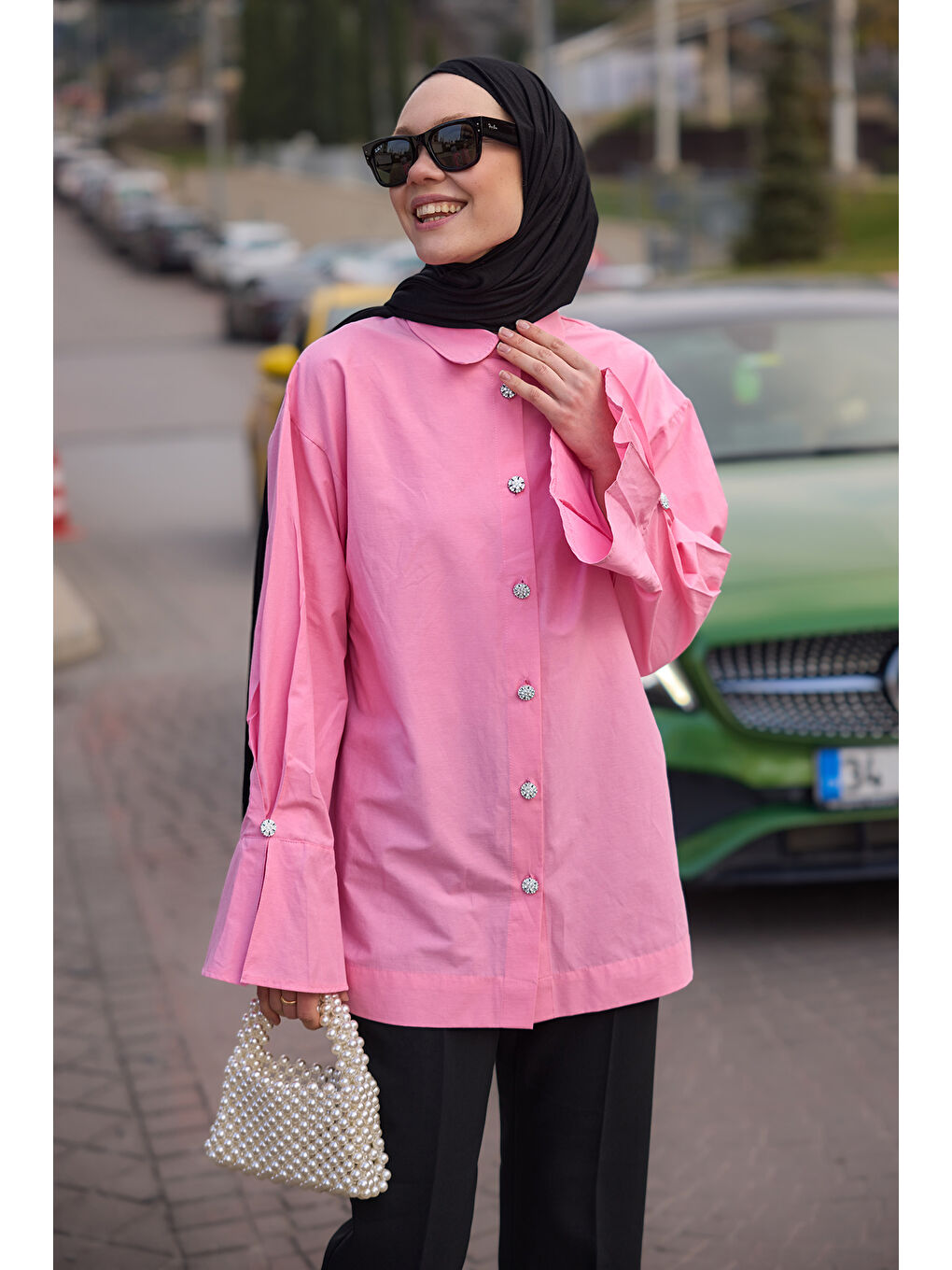 Tasarım Düğme Detaylı Tunik Pembe