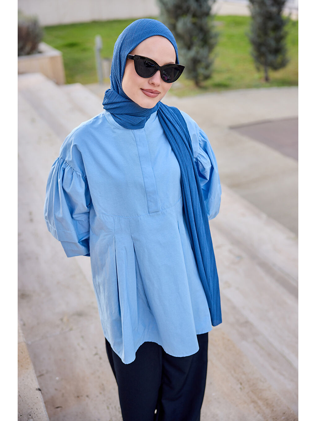 Balon Kol Pile Detaylı Tunik  Bebe Mavi-1