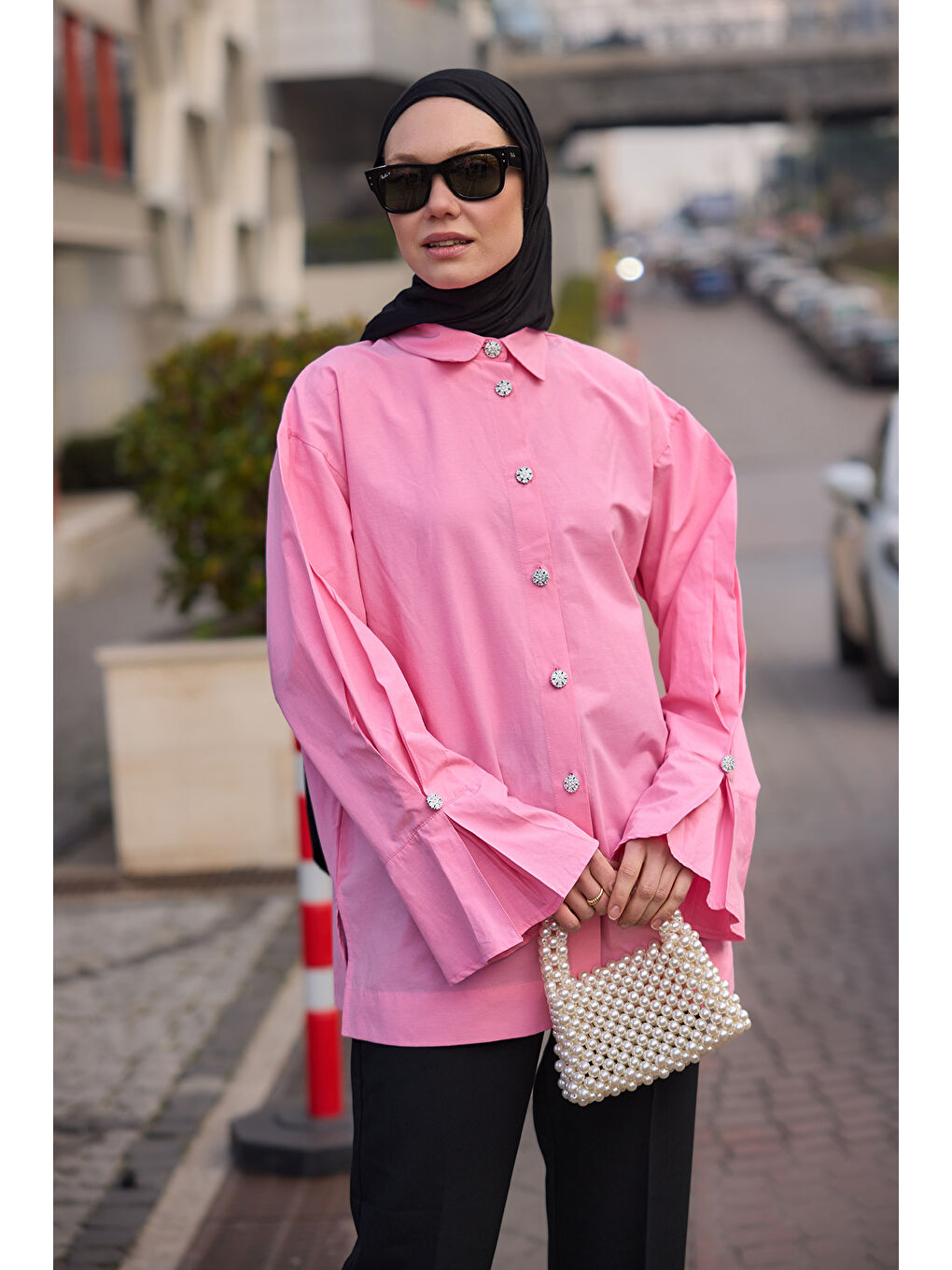 Tasarım Düğme Detaylı Tunik Pembe-1