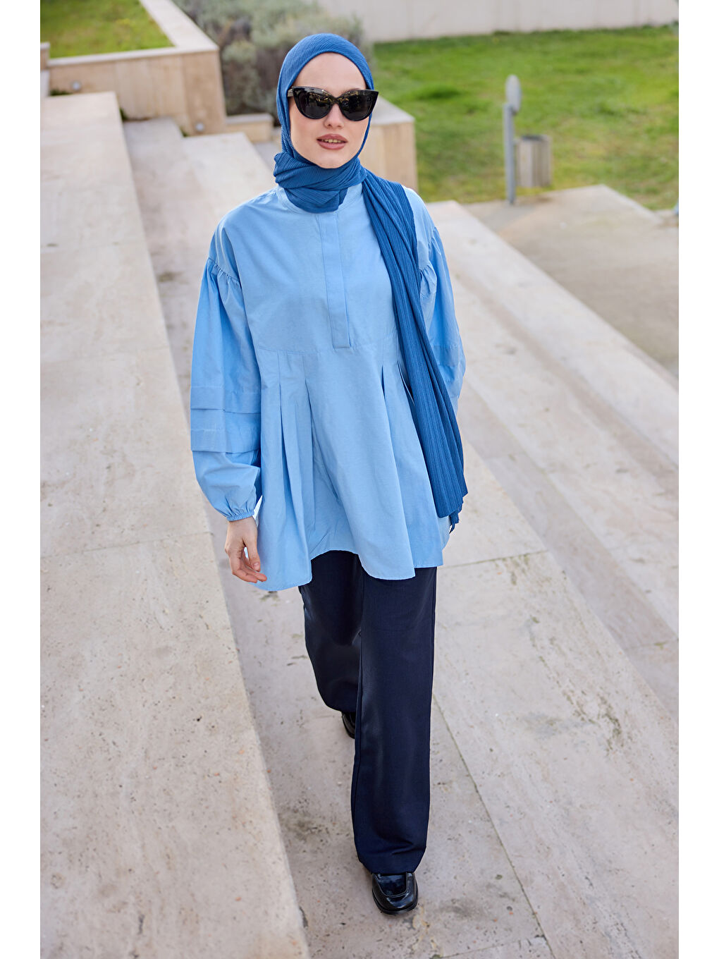 Balon Kol Pile Detaylı Tunik  Bebe Mavi-2