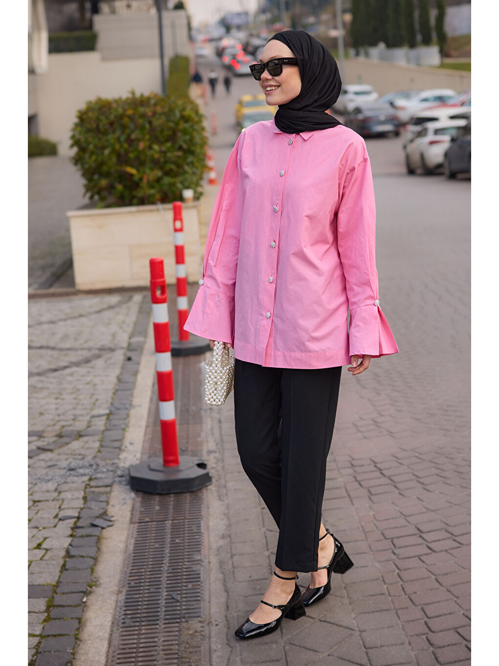 Tasarım Düğme Detaylı Tunik Pembe-2