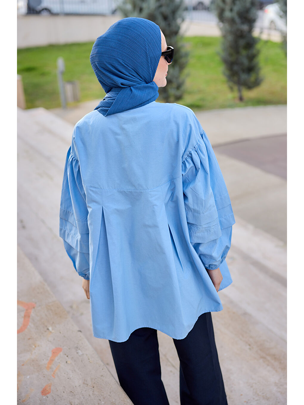 Balon Kol Pile Detaylı Tunik  Bebe Mavi-3