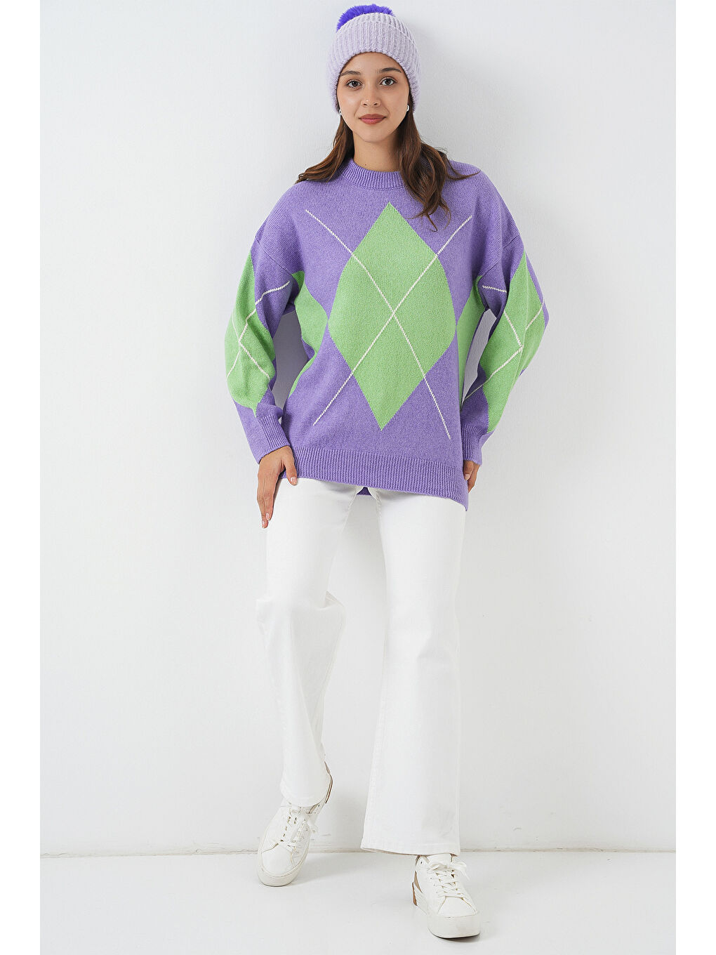 15895 Baklava Desenli Oversize Triko Kazak - Lila-1