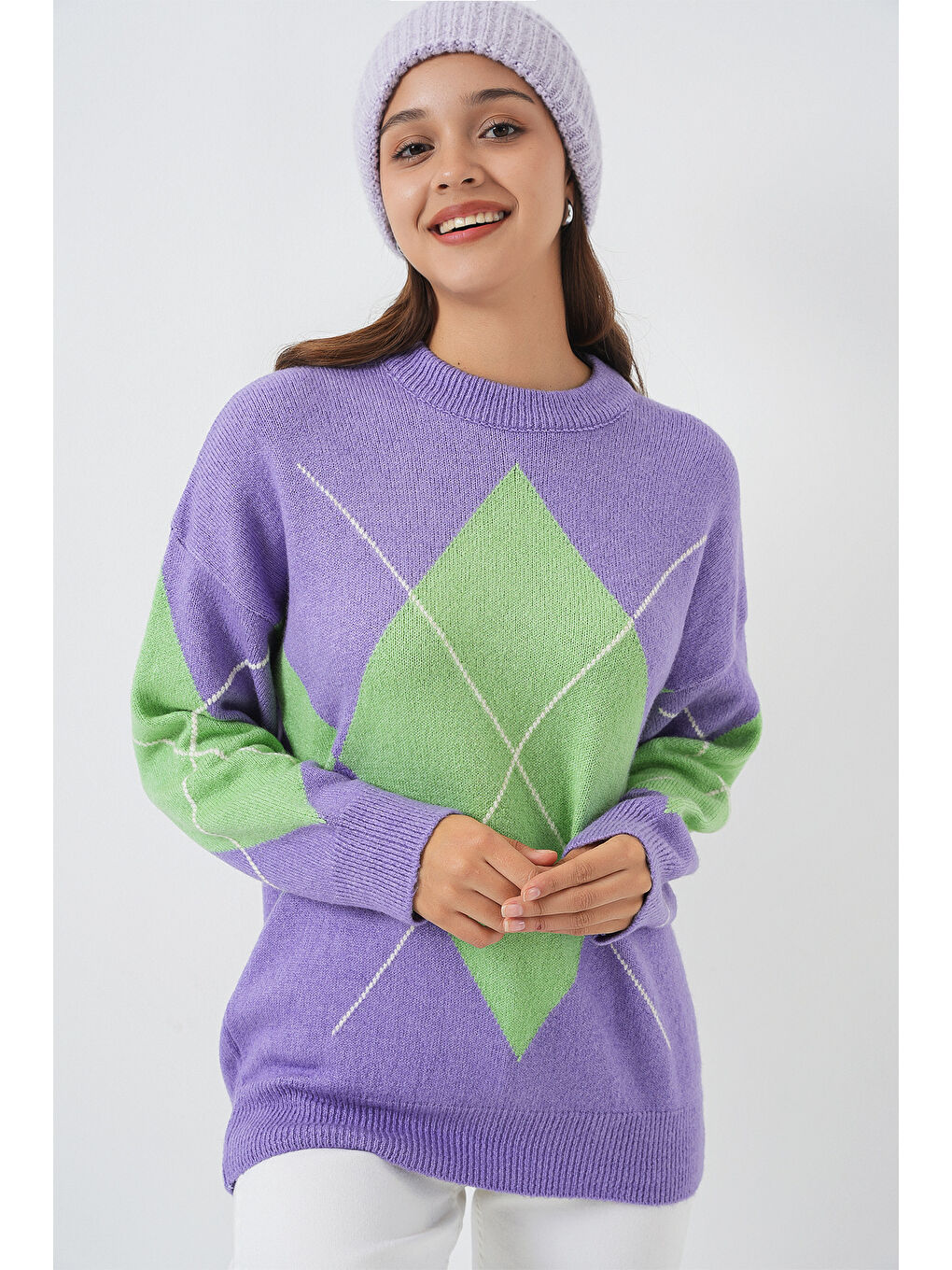 15895 Baklava Desenli Oversize Triko Kazak - Lila-2