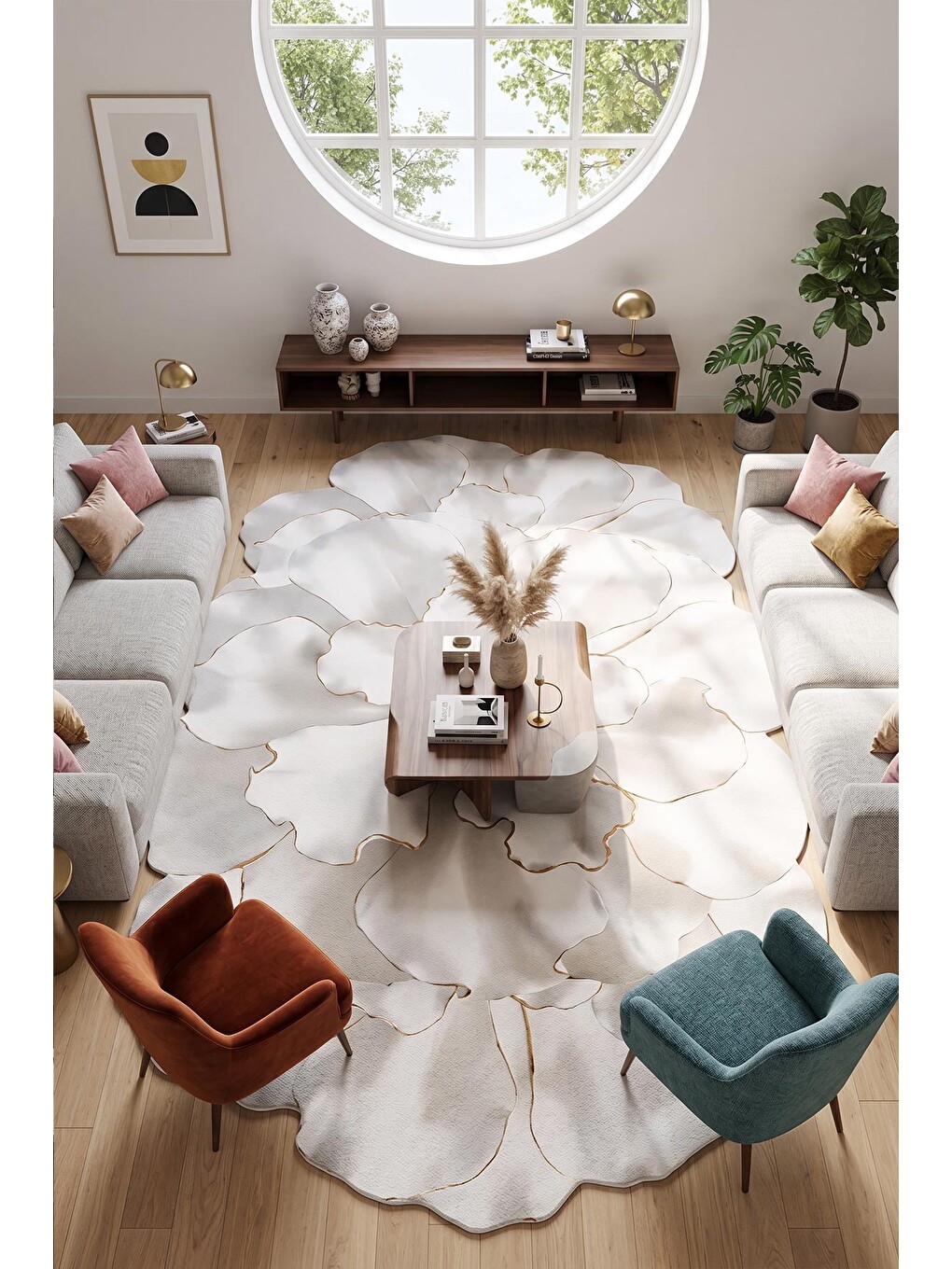 Beyaz Modern Dekoratif Halı – Makinada Yıkanabilir, Kaymaz Taban, İnce Lazer Kesim Halı-2