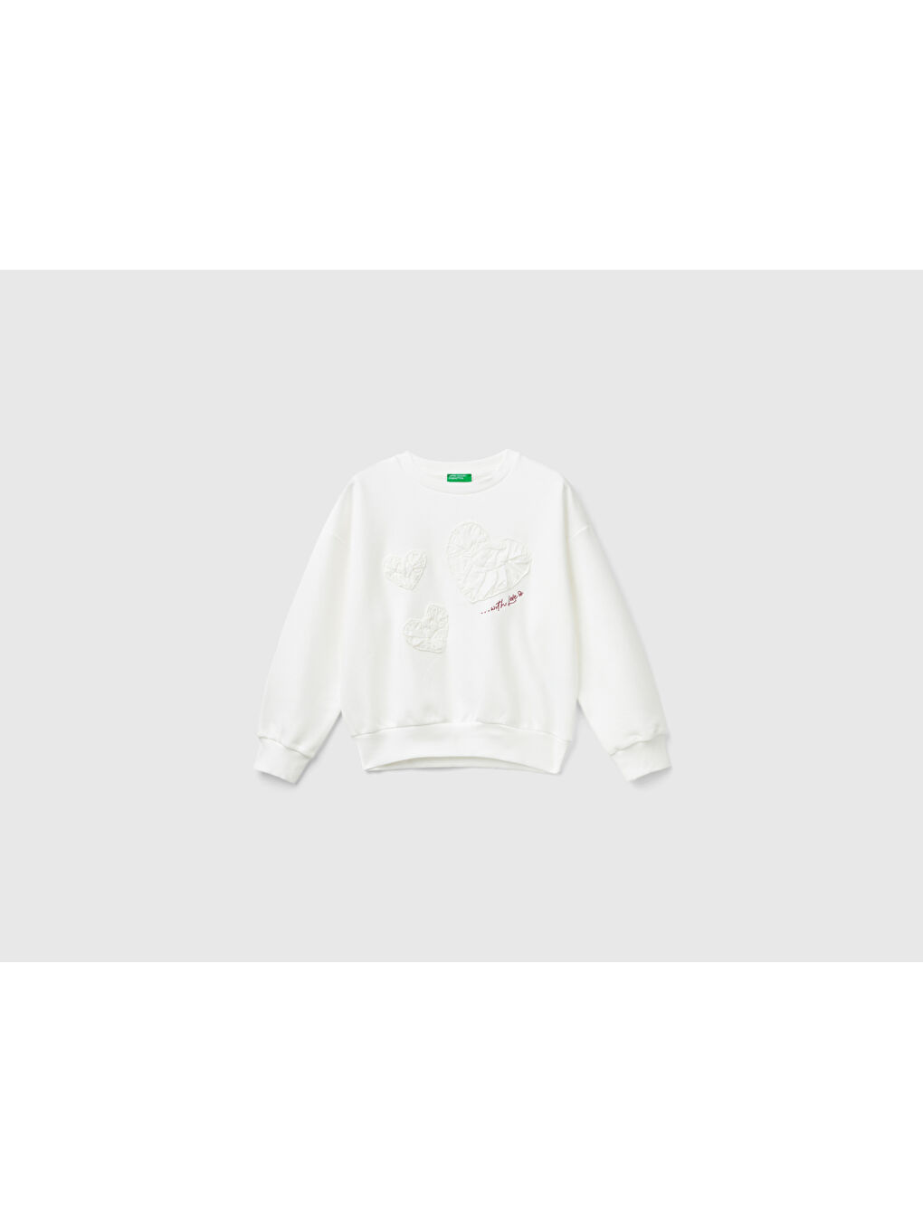 United Colors Of Benetton Kız Çocuk Beyaz Önü Baskılı Ribanalı Düşük Omuz Bisiklet Yaka Sweatshirt