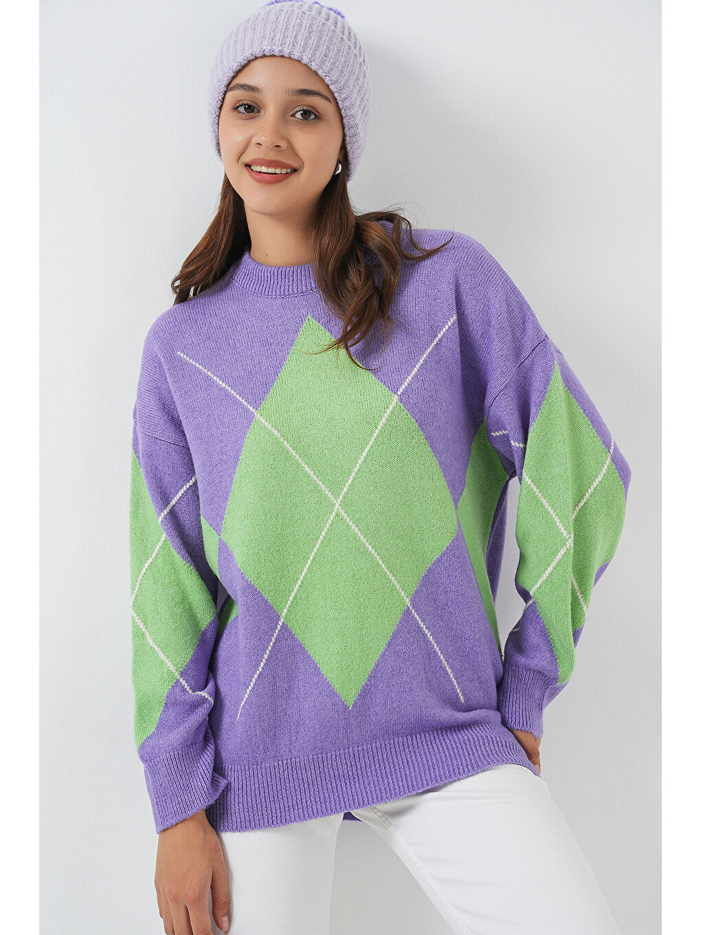 15895 Baklava Desenli Oversize Triko Kazak - Lila-3