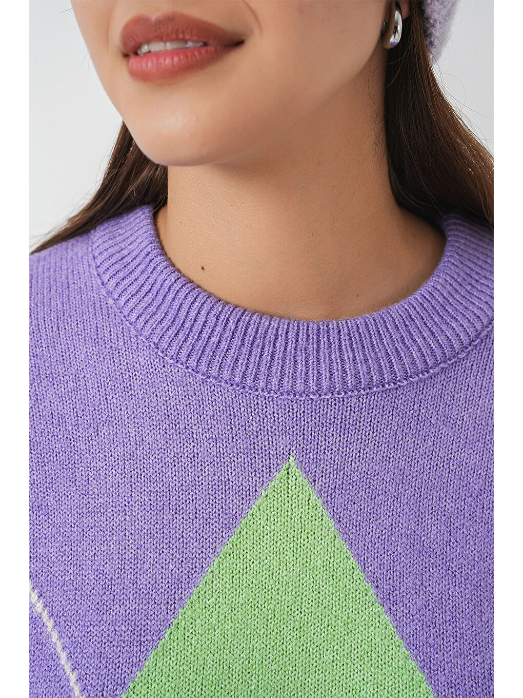 15895 Baklava Desenli Oversize Triko Kazak - Lila-4