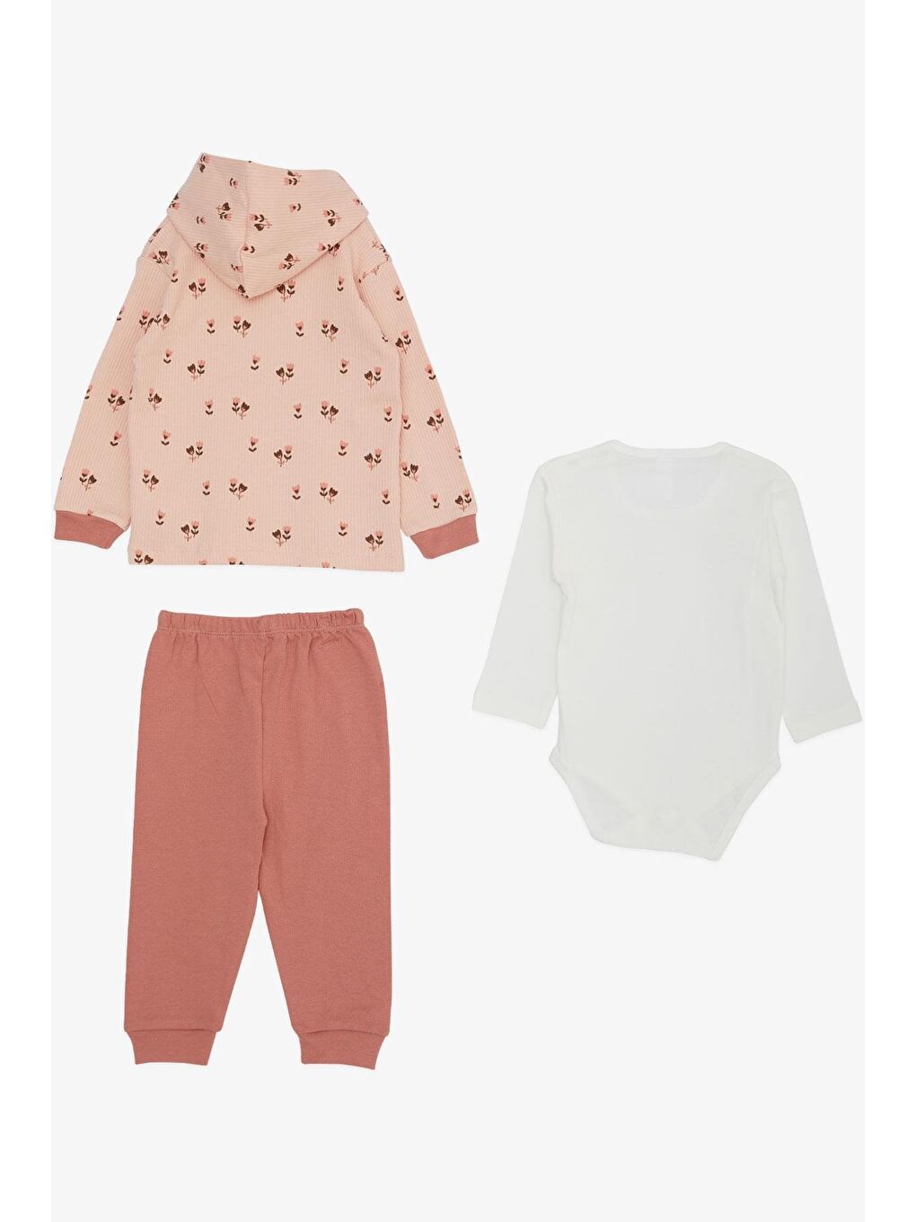 Pembe Kız Bebek Zıbınlı 3 Lü Takım Lale Çiçek Desenli Somon (4 Ay-1 Yaş)-1