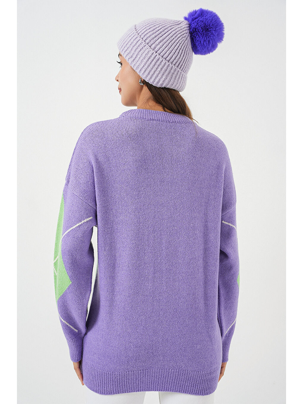 15895 Baklava Desenli Oversize Triko Kazak - Lila-5