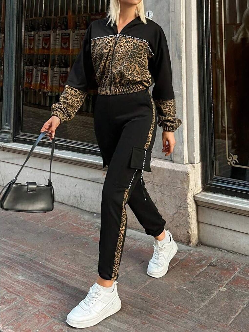 Siyah Kadın Uzun Kollu Kapüşonlu Leopar Desenli Viskon Iki Iplik Bluz Ve Pantolon Ikili Takım