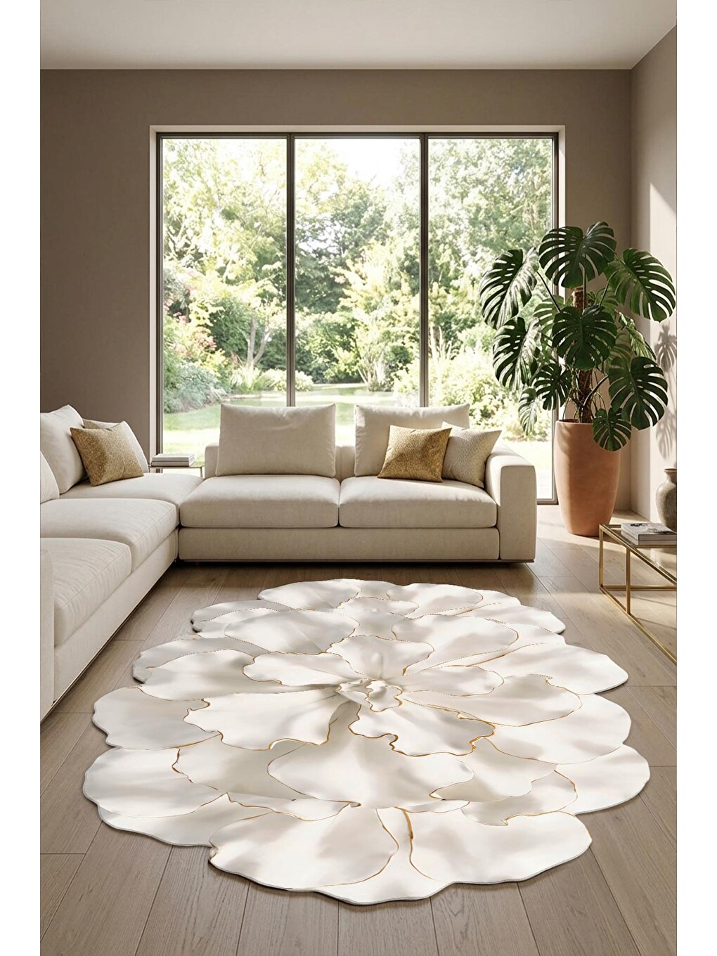 Beyaz Modern Dekoratif Halı – Makinada Yıkanabilir, Kaymaz Taban, İnce Lazer Kesim Halı-1