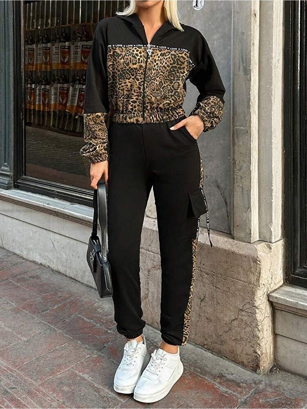 Siyah Kadın Uzun Kollu Kapüşonlu Leopar Desenli Viskon Iki Iplik Bluz Ve Pantolon Ikili Takım-2