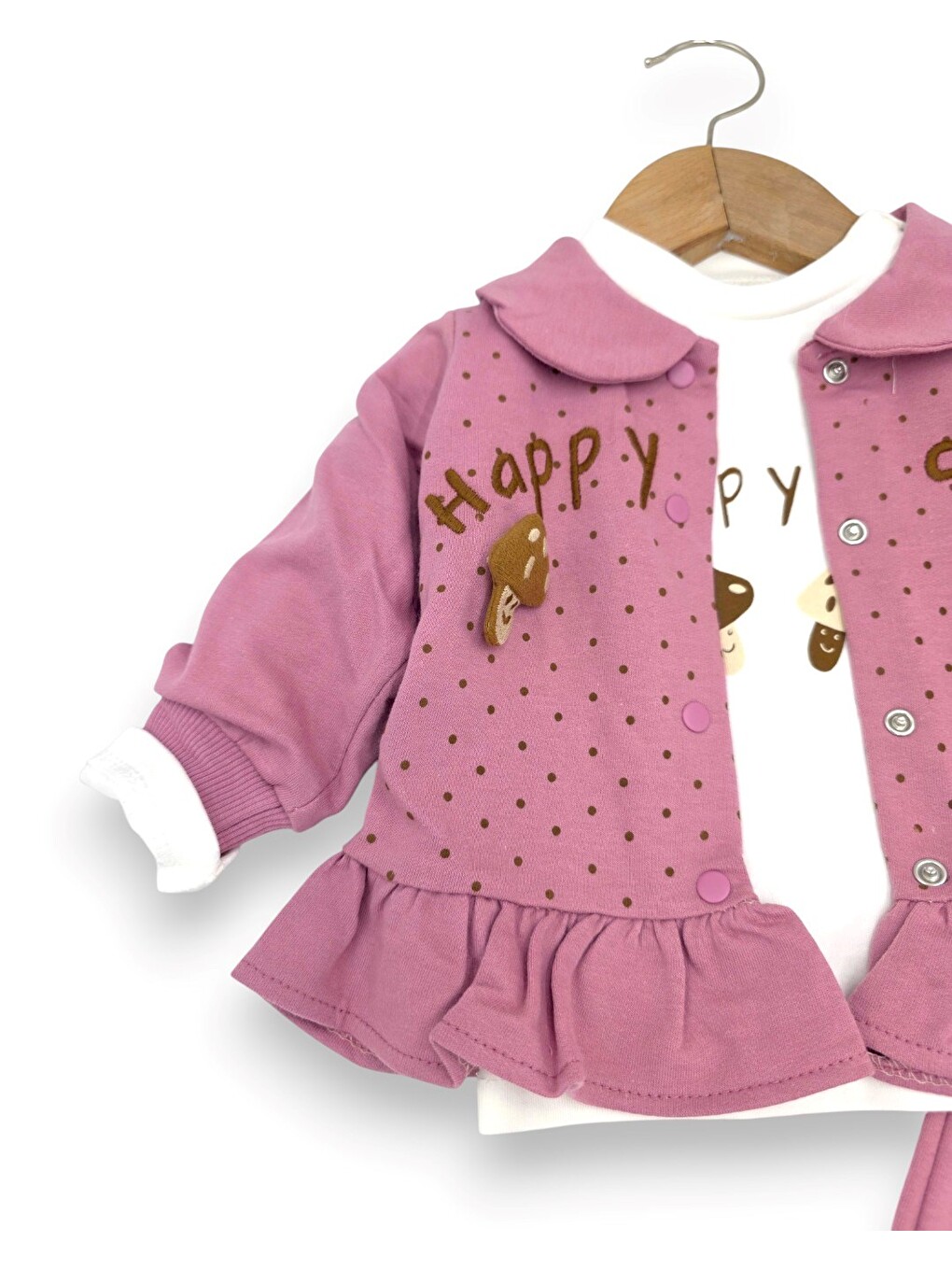 Mürdüm Kız Bebek Mantar Detaylı 3'lü Takım-1