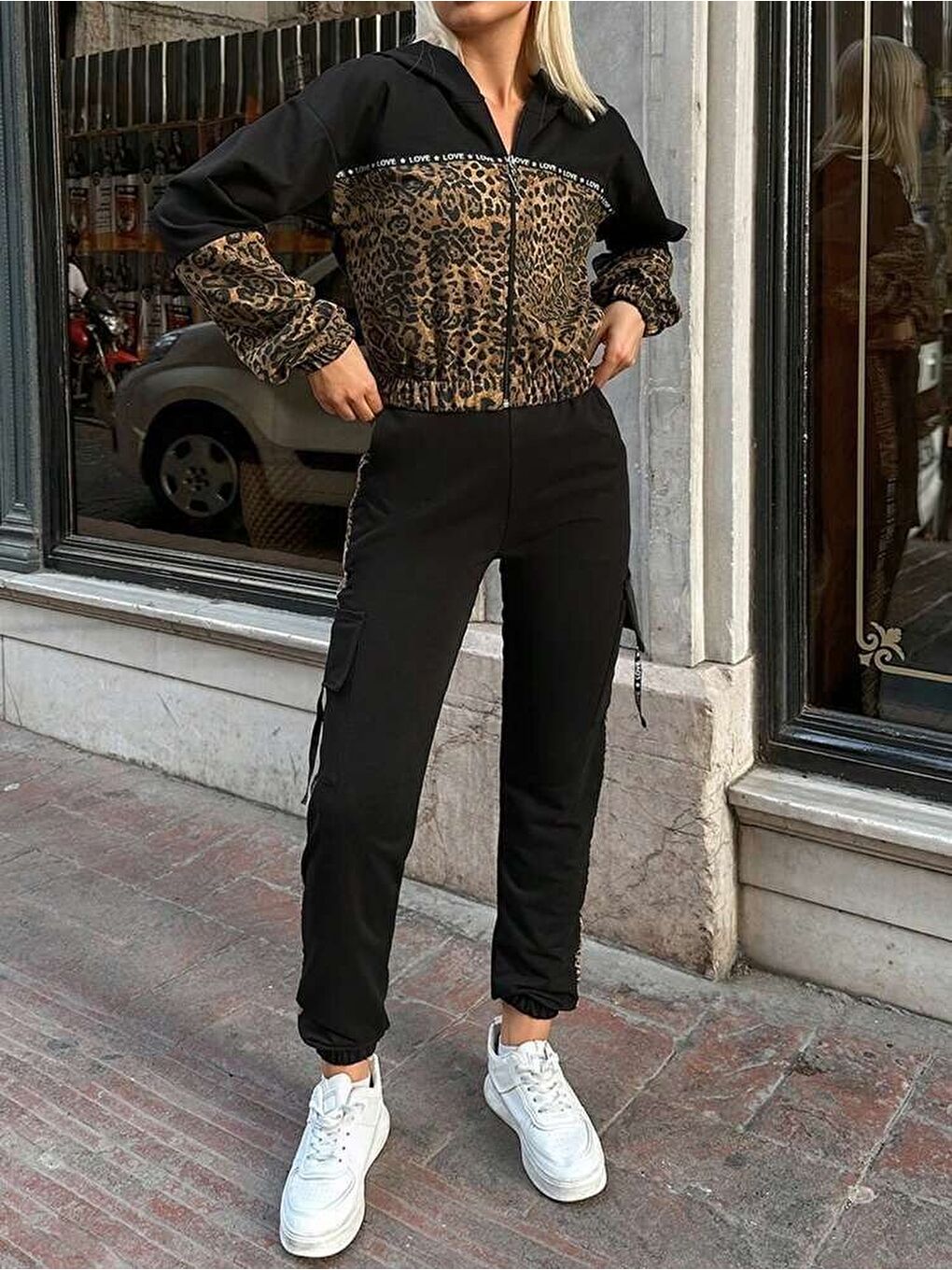 Siyah Kadın Uzun Kollu Kapüşonlu Leopar Desenli Viskon Iki Iplik Bluz Ve Pantolon Ikili Takım-3