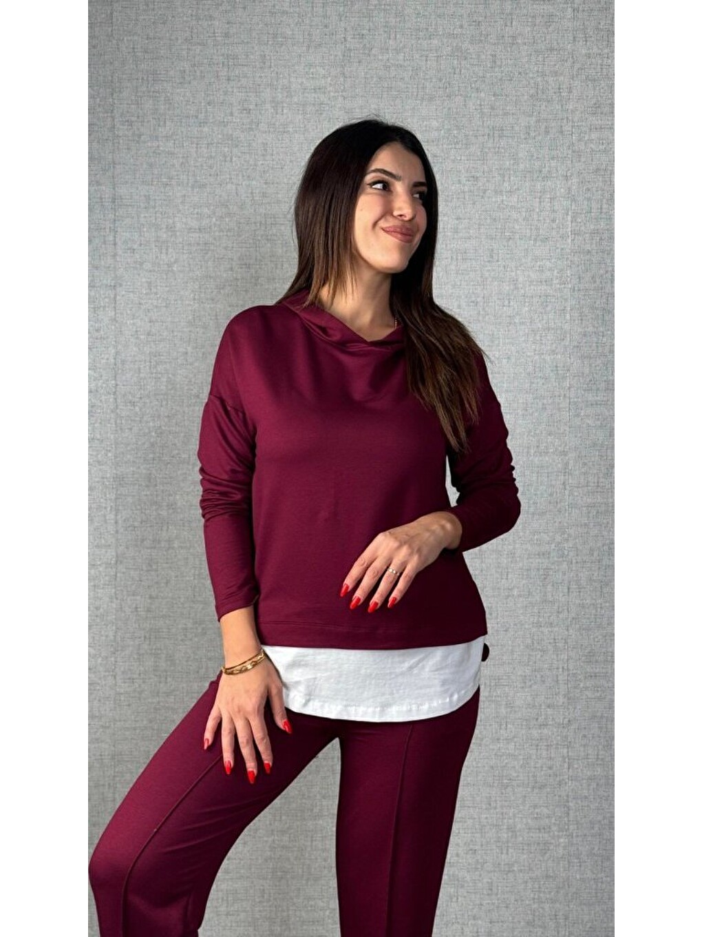 Bordo Kadın Uzun Kollu Kapüşonlu Bağcıklı Viskon Iki Iplik Bluz Ve Pantolon Ikili Takım-1