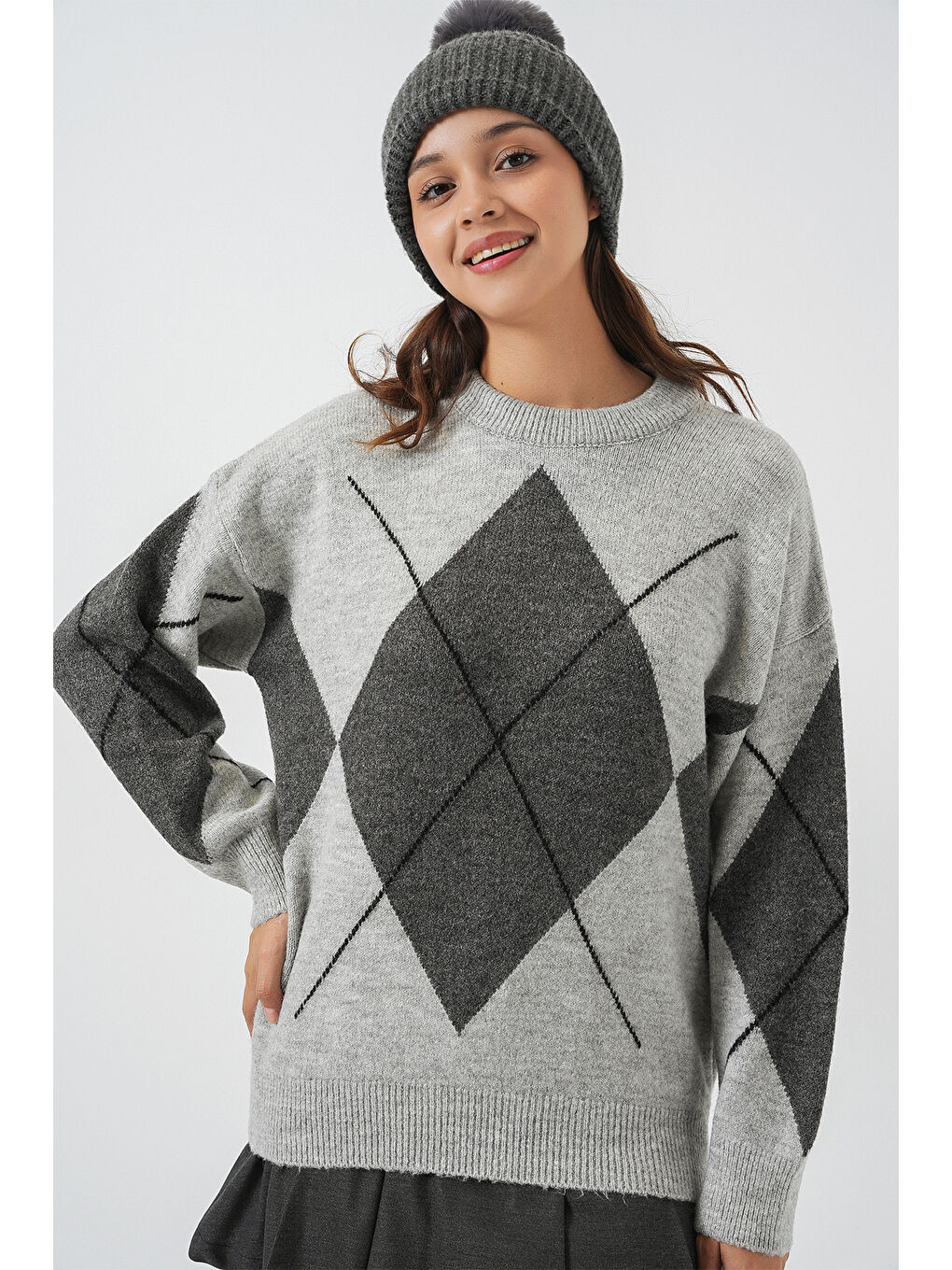 15895 Baklava Desenli Oversize Triko Kazak - F.Gri