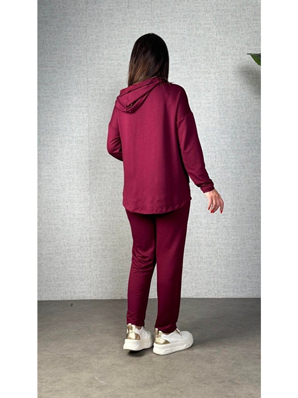 Bordo Kadın Uzun Kollu Kapüşonlu Bağcıklı Viskon Iki Iplik Bluz Ve Pantolon Ikili Takım-2
