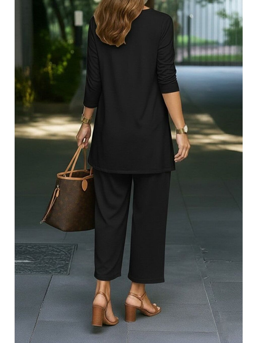 Siyah Kadın Uzun Kollu önü Açık Modal Ceket Kolsuz Viskon Iki Iplik Bluz Ve Pantolon üçlü Takım-1