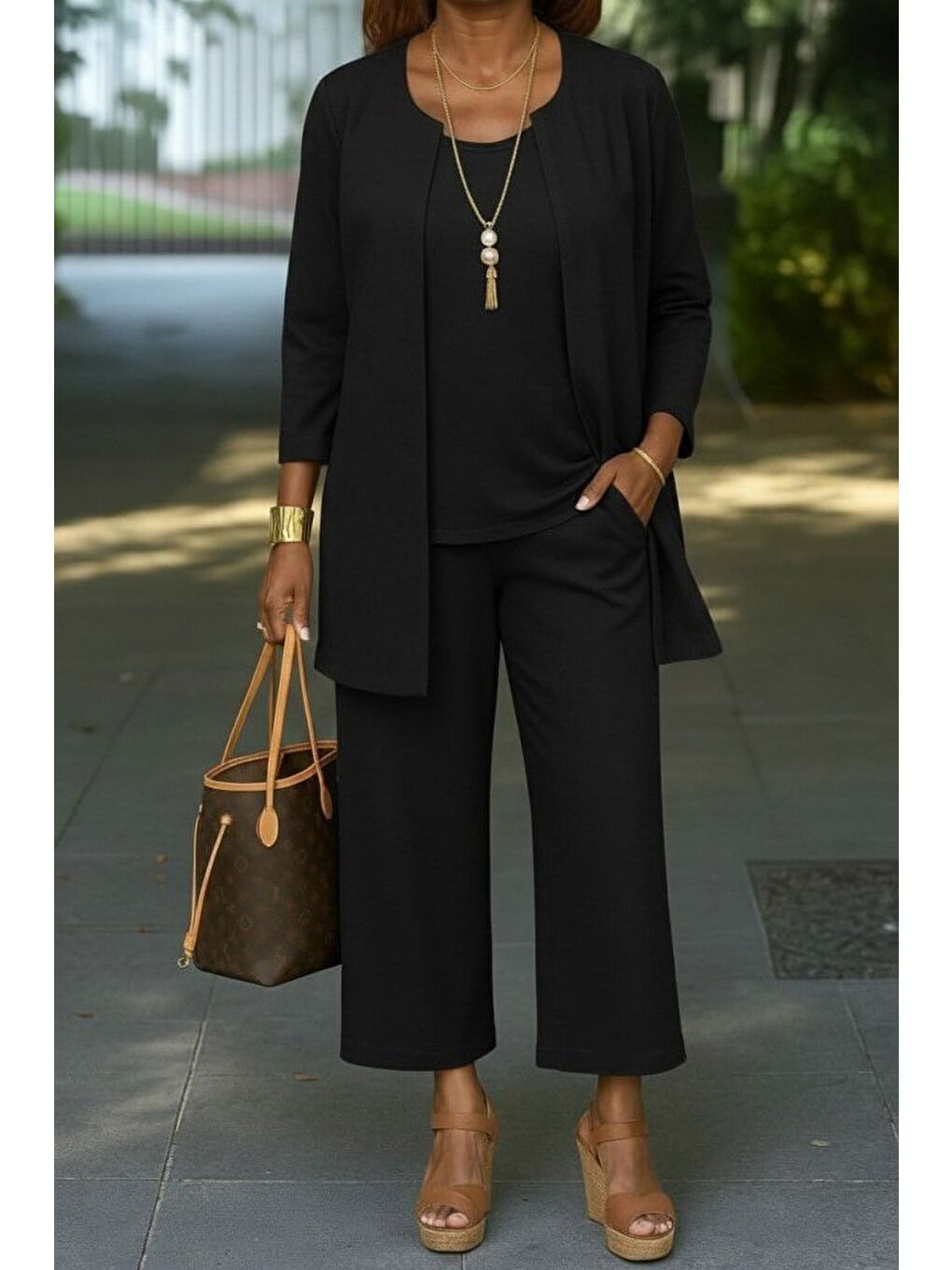 Siyah Kadın Uzun Kollu önü Açık Modal Ceket Kolsuz Viskon Iki Iplik Bluz Ve Pantolon üçlü Takım-2