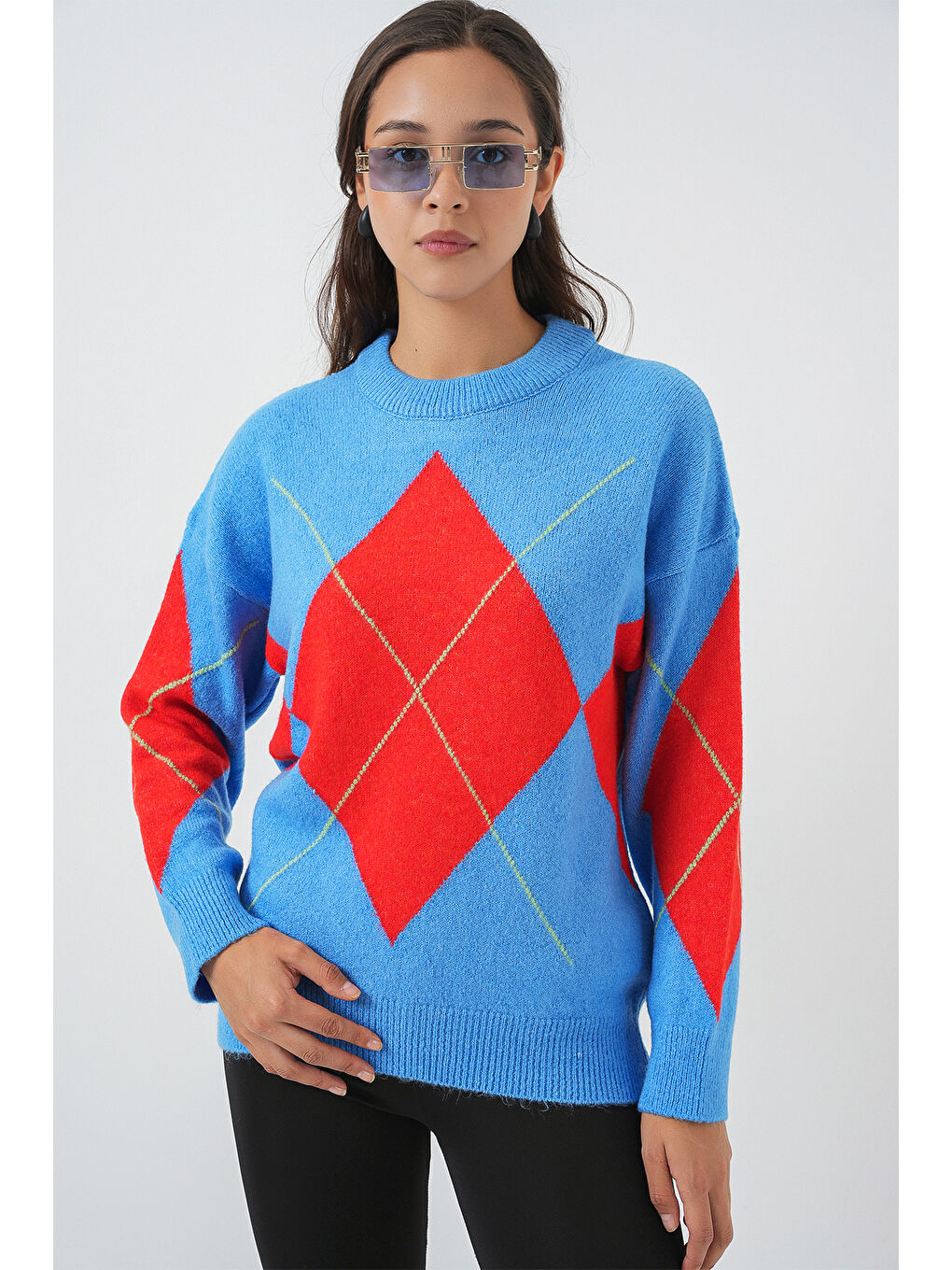 Bej 15895 Baklava Desenli Oversize Triko Kazak - B.Mavi