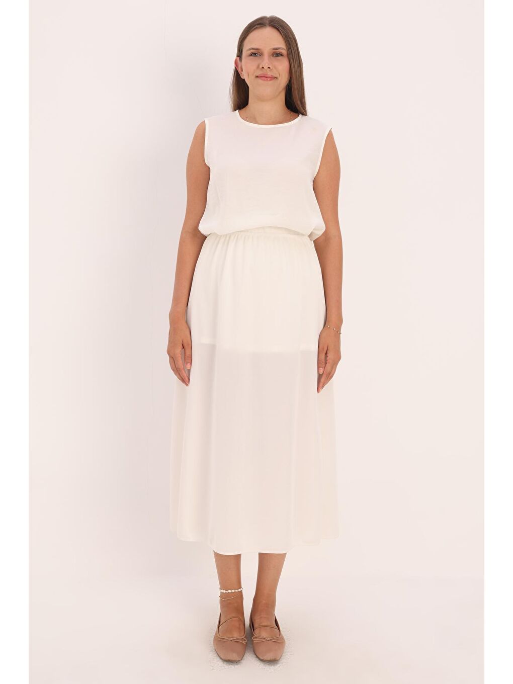 Açık Bej Jarse Beli Lastikli Etek Astarı-1