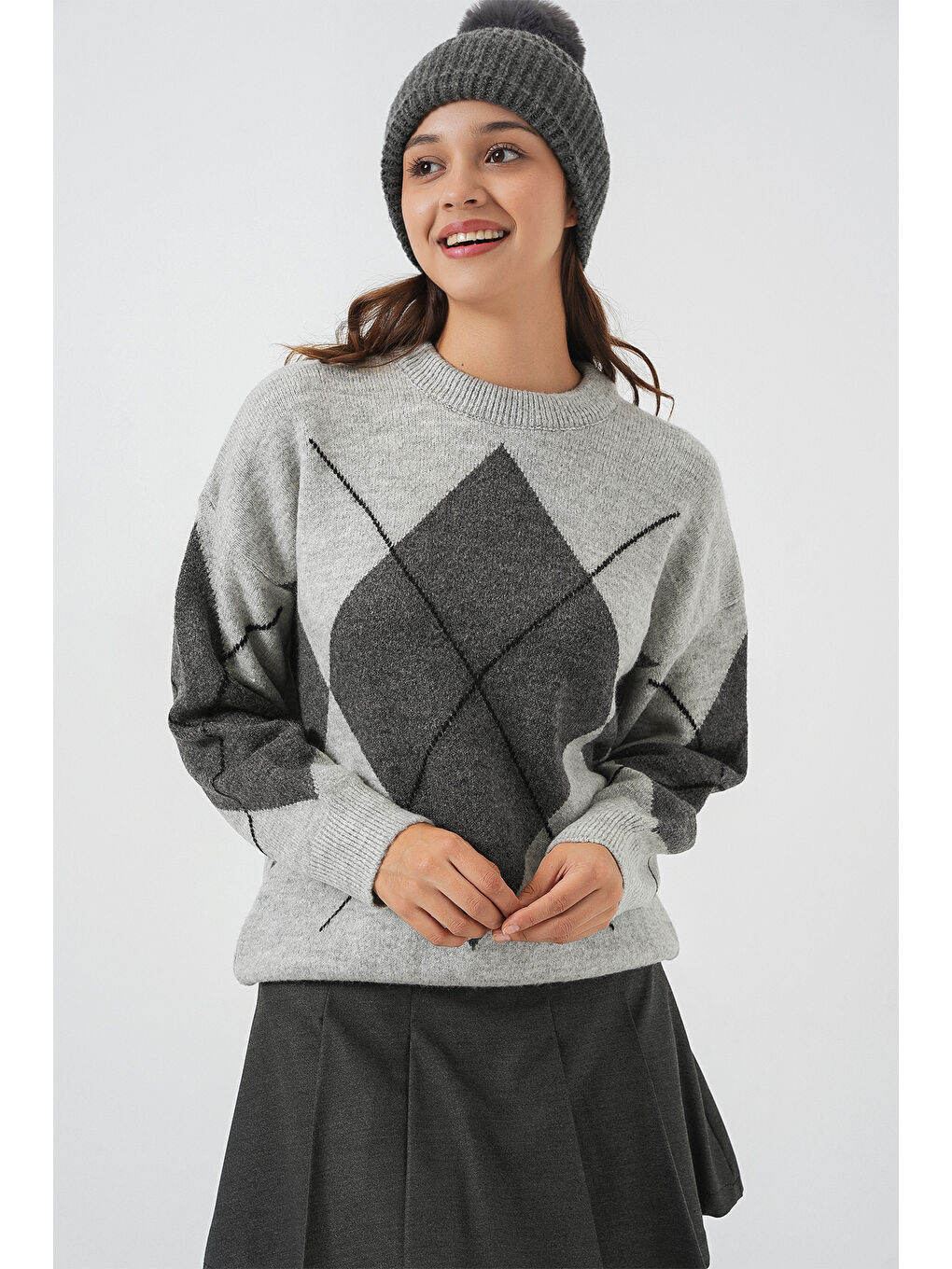 15895 Baklava Desenli Oversize Triko Kazak - F.Gri-2